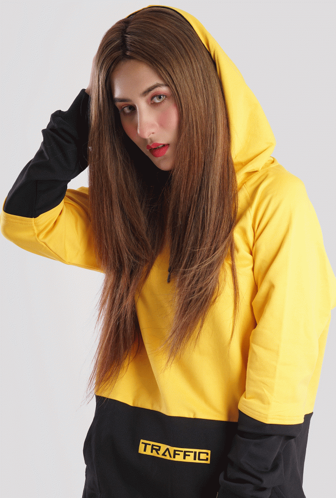 YGN Traffic Yellow and Black Hoodie girl